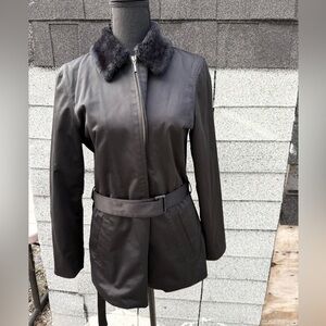 Eddie Bauer women’s black belted jacket with faux fur collar, Size S